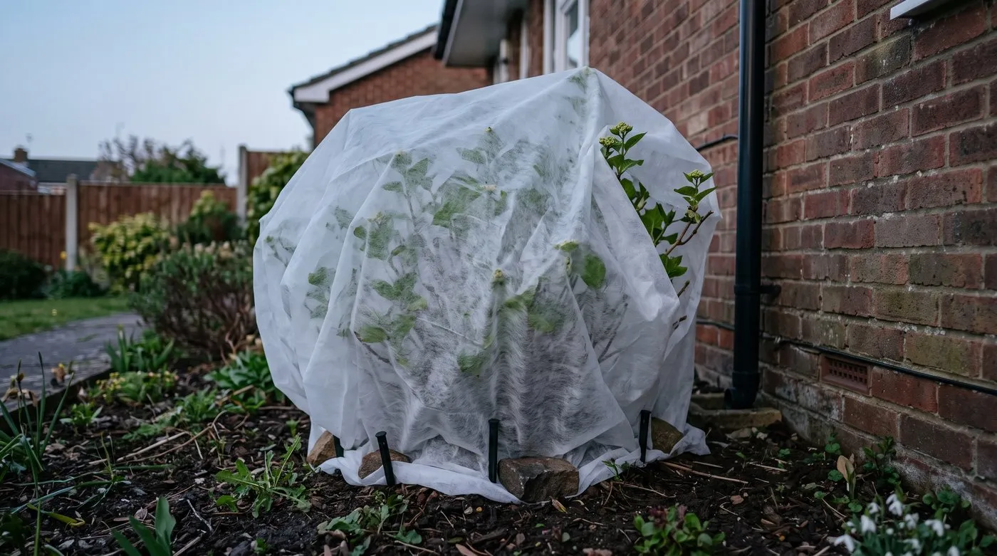 A mophead hydrangea draped in white fleece on a clear April evening to protect its buds from frost