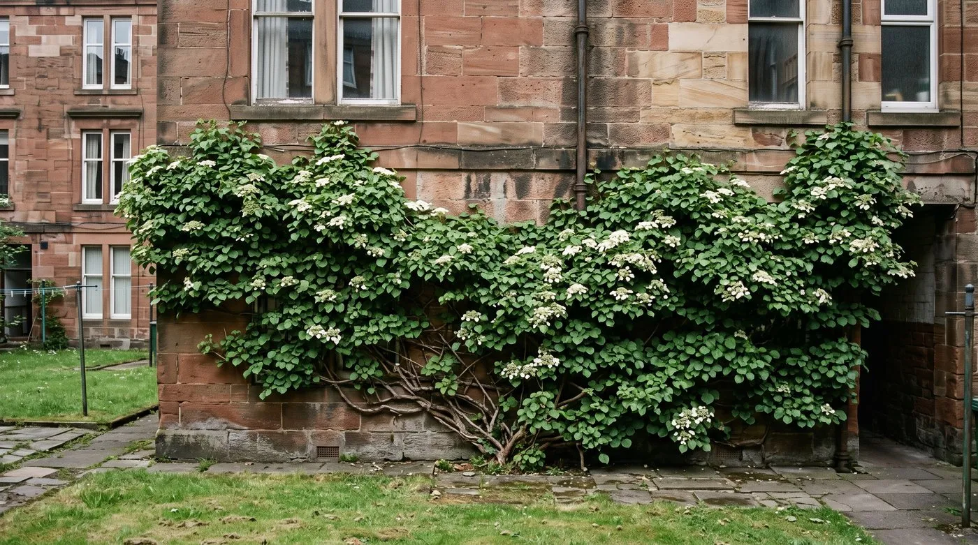 Climbing hydrangea with white lacecap flowers covering a shady north-facing sandstone wall