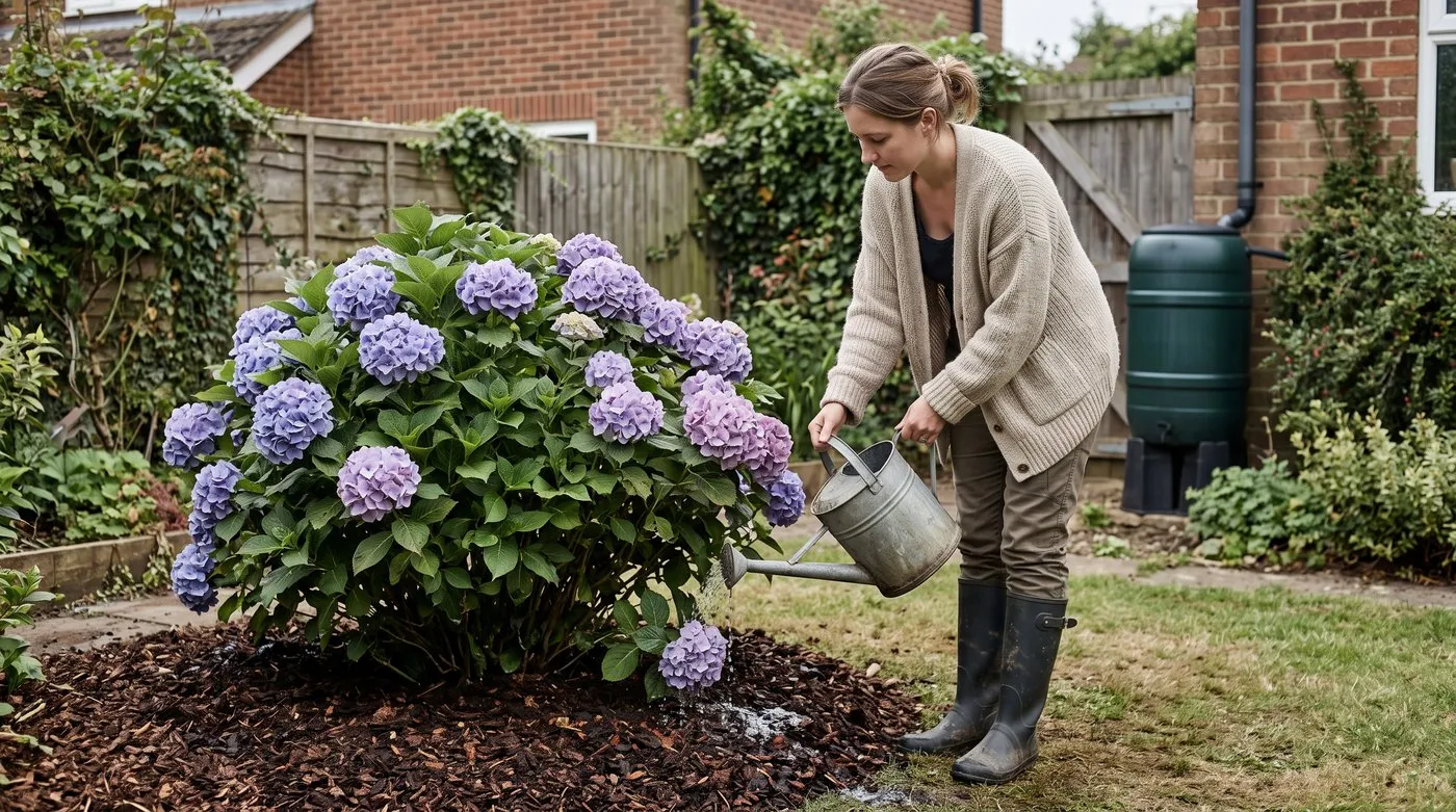Young woman watering a mophead hydrangea with rainwater over a pine bark mulch