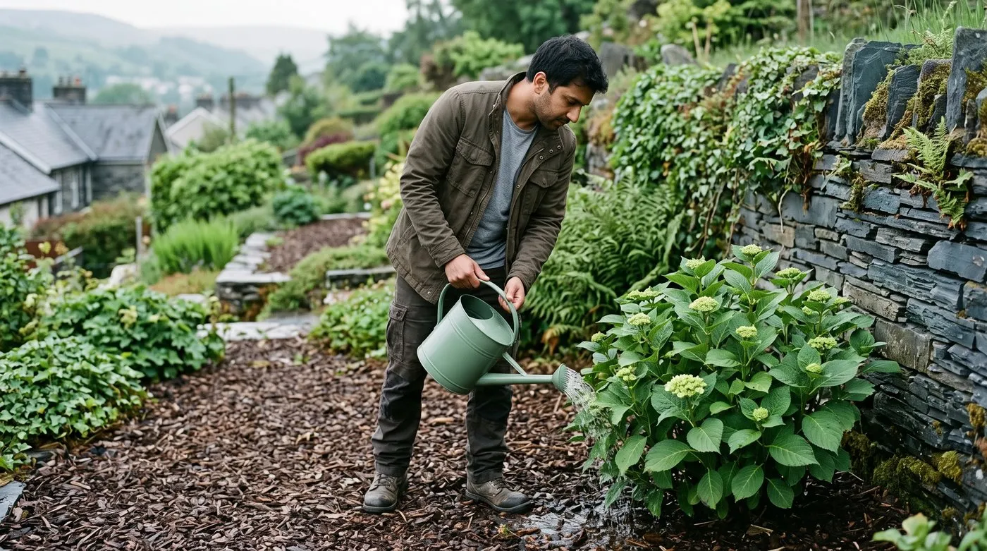 Gardener watering the base of a mophead hydrangea in bud from a watering can in a mulched border