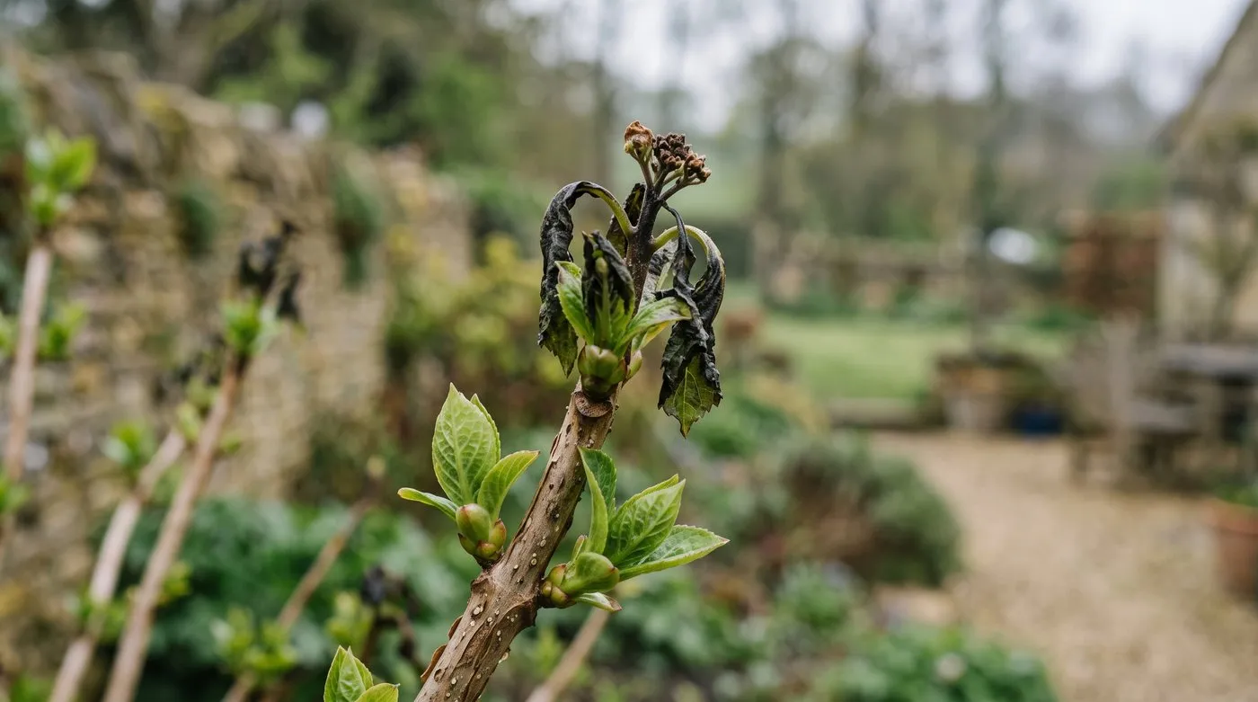 Mophead hydrangea shoot tips blackened and shrivelled by a late spring frost, with healthy buds below