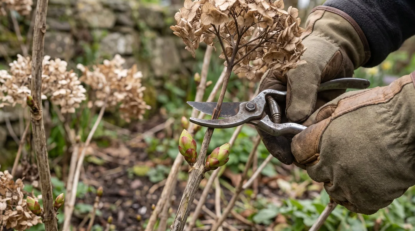 Secateurs cutting an old mophead hydrangea flower head just above a pair of fat buds in spring