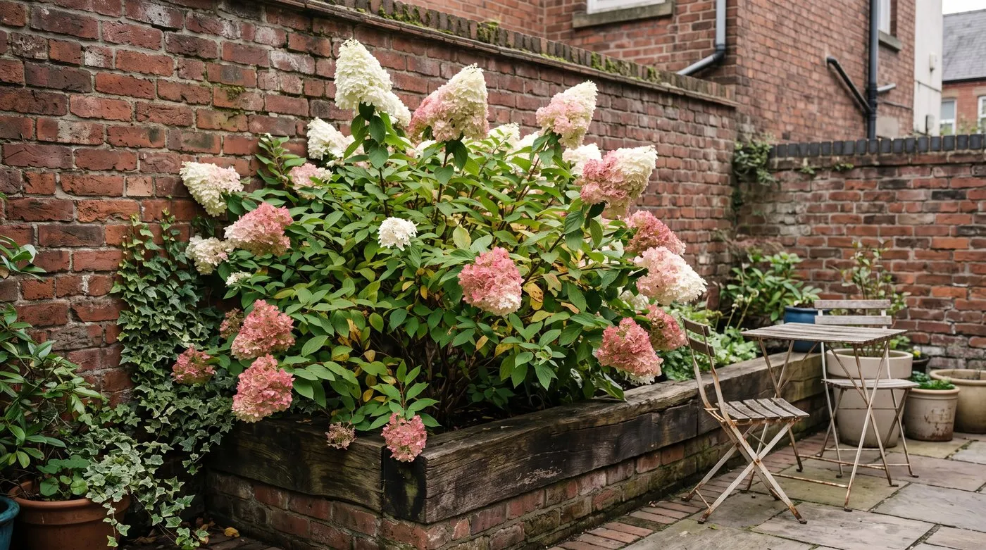Paniculata hydrangea Vanilla Fraise with white cones blushing pink in a city courtyard