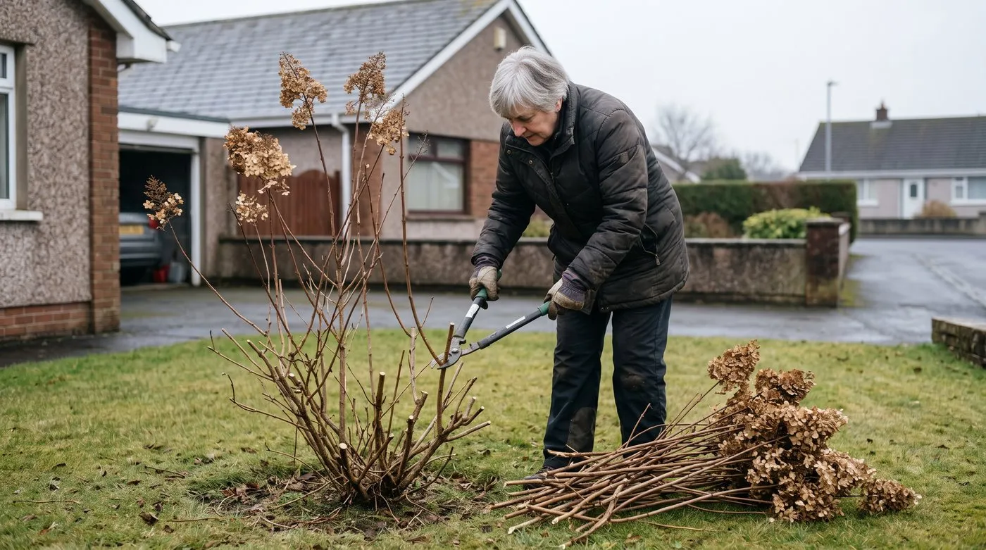 Woman hard-pruning a paniculata hydrangea back to a low framework with loppers in late February