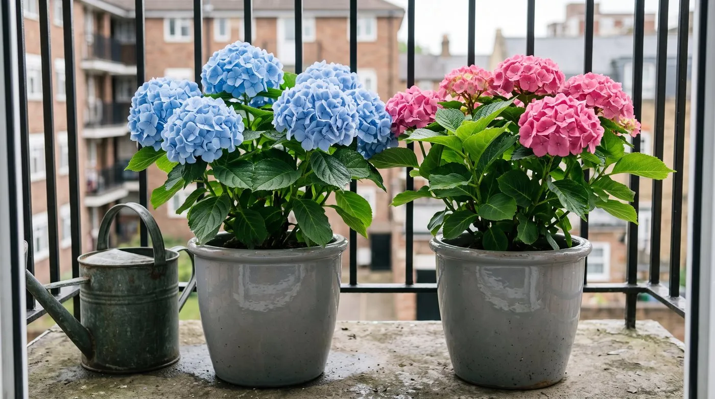 Blue and pink mophead hydrangeas in matching grey pots on a city balcony