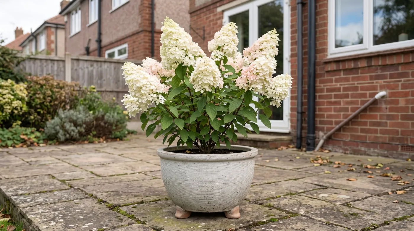 Compact Bobo hydrangea with white cone-shaped flowers in a wide grey pot raised on pot feet