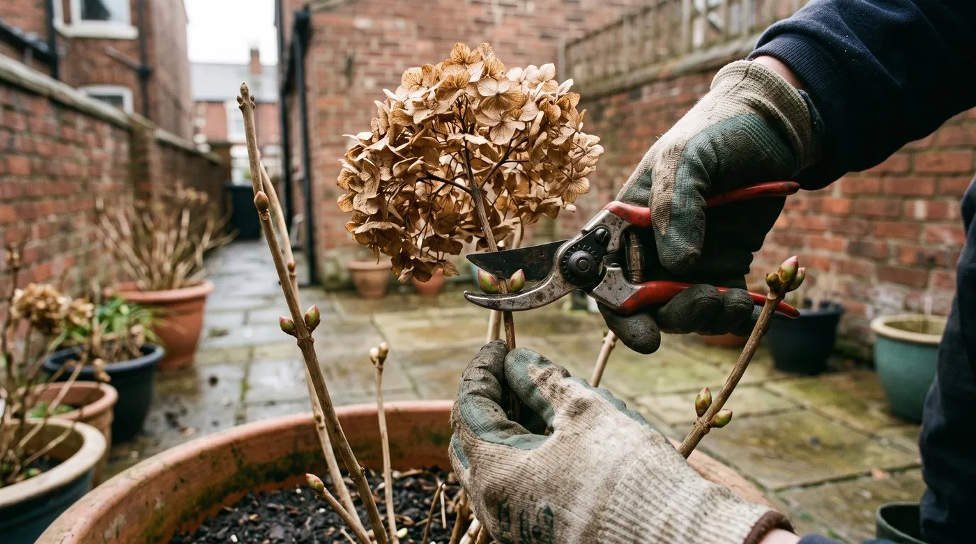 Gloved hands cutting an old mophead hydrangea flower head back to a pair of fat buds in March