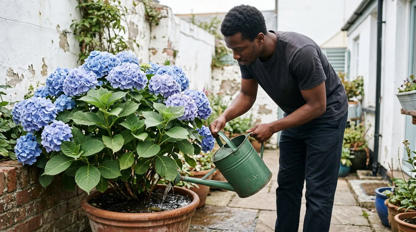 Man watering a blue mophead hydrangea in a terracotta pot at the base on a seaside patio