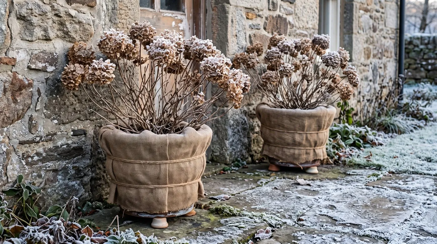 Hydrangea pots wrapped in hessian and raised on pot feet against a wall on a frosty morning