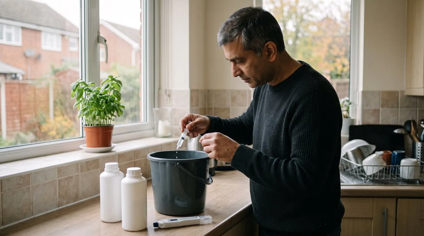 Man measuring liquid hydroponic nutrient with a syringe into a bucket of water, with a pH meter on the worktop