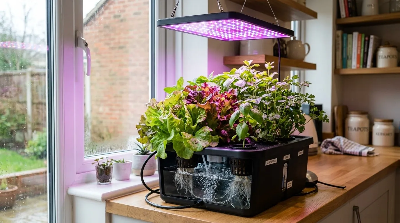 Home hydroponics setup with lettuce and herbs growing under LED lights in a UK kitchen
