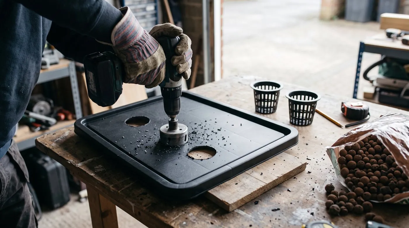 Gloved hands cutting net pot holes in the lid of a black plastic storage box on a workbench