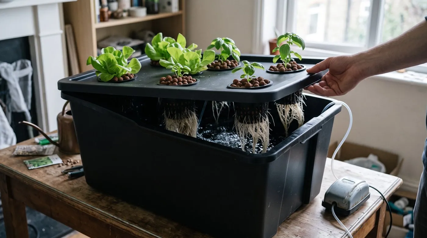Opaque deep water culture tub with lettuce and basil in net pots, lid lifted to show white roots in bubbling water