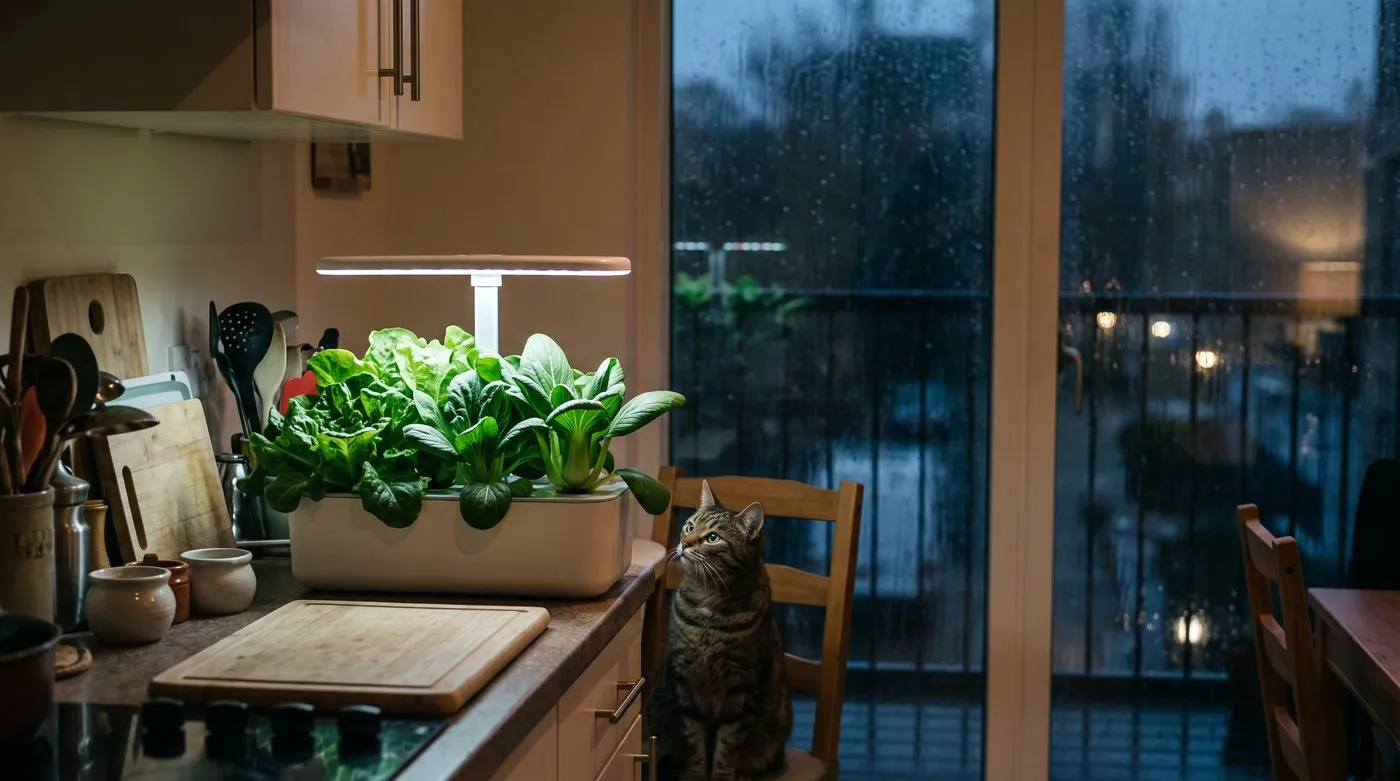 Hydroponic lettuce and pak choi under a white LED grow light on a kitchen counter on a winter evening
