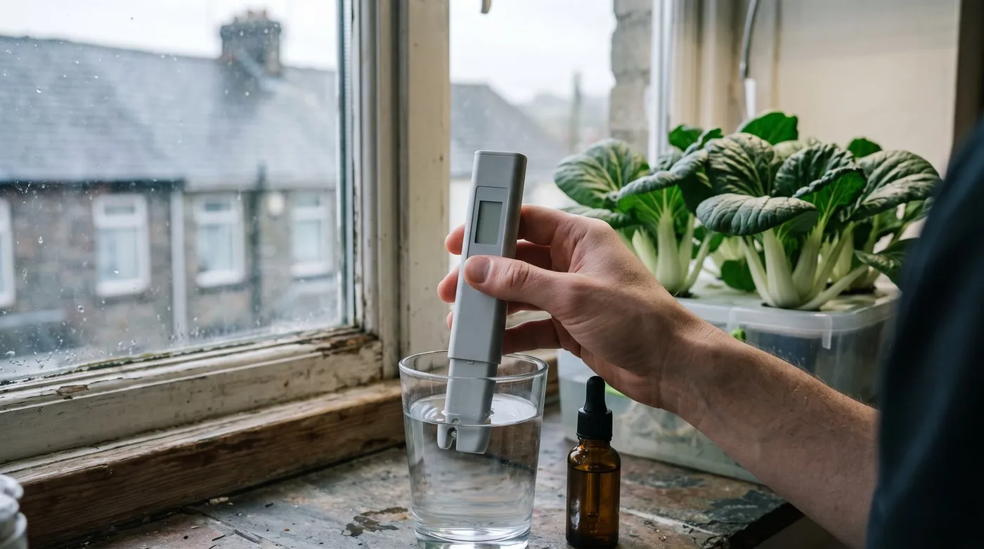 Hand testing tap water with a digital pH pen beside a hydroponic tub of pak choi