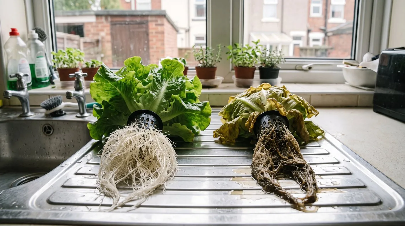 Healthy white hydroponic lettuce roots beside brown slimy roots with root rot on a draining board