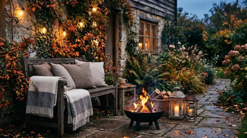 A cosy hygge garden corner at dusk with lanterns, blankets and a small fire bowl