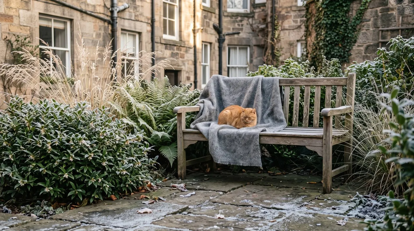 Ginger cat on a blanket-covered bench beside sweet box, ferns and frosted grasses in a winter courtyard