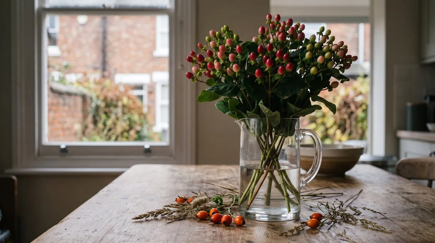 Cut hypericum berry stems in red, pink and green arranged in a glass jug with rose hips