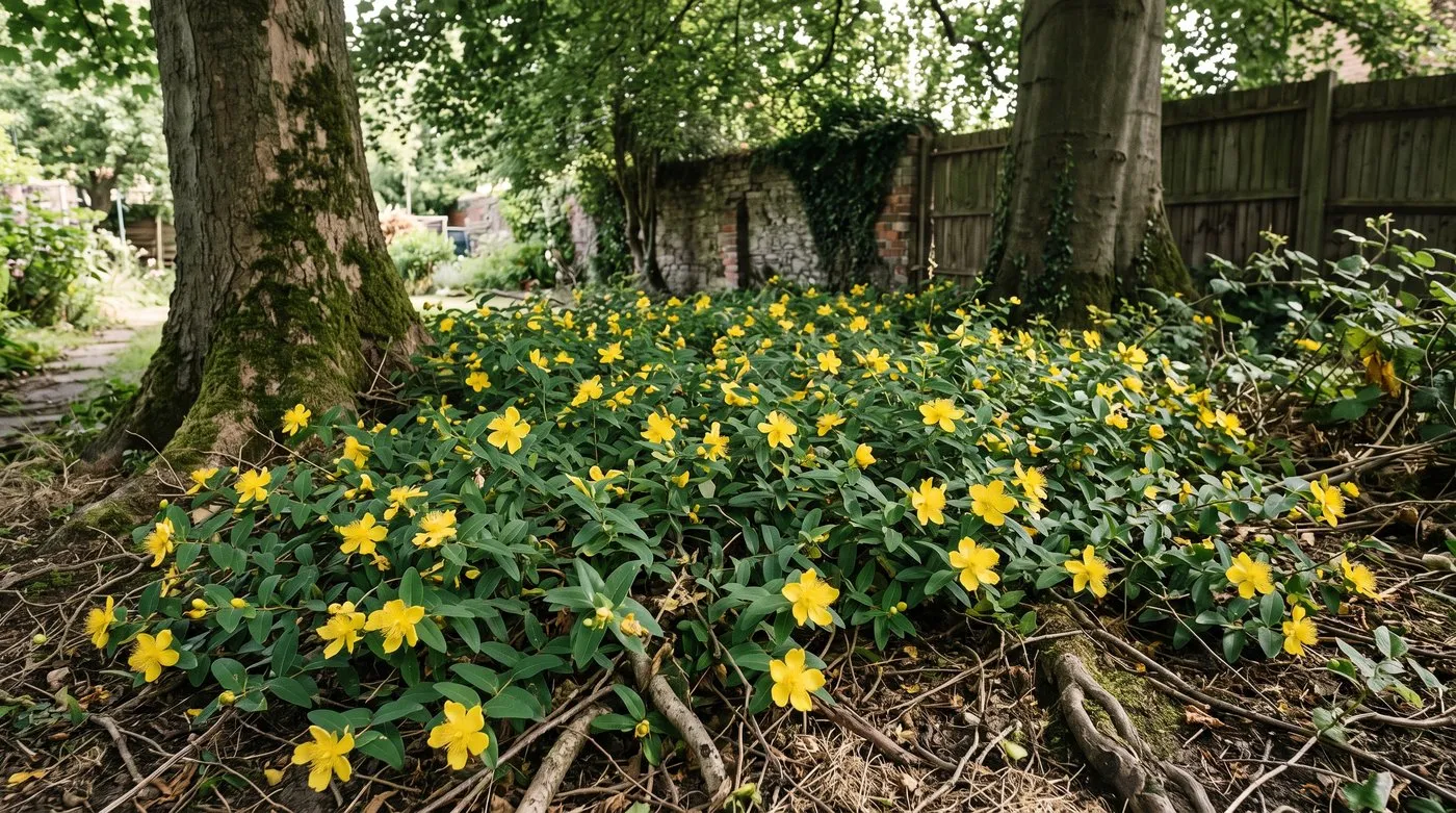 Hypericum calycinum ground cover flowering in dry shade under mature trees
