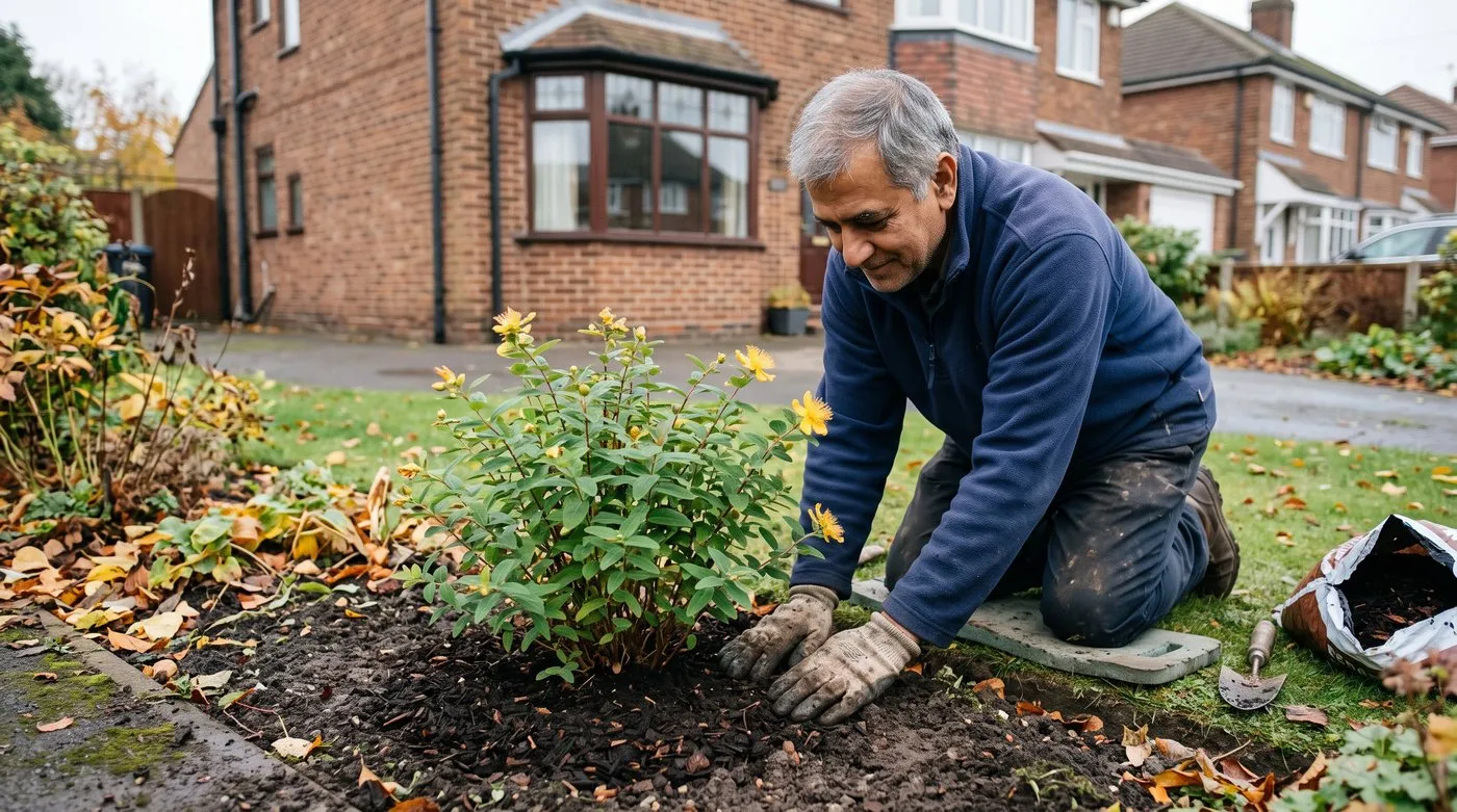 Man firming soil around a newly planted hypericum Hidcote shrub, with bark mulch kept clear of the stems
