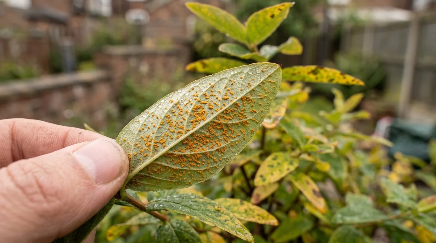 Orange rust pustules on the underside of a hypericum leaf, with yellowing leaves behind
