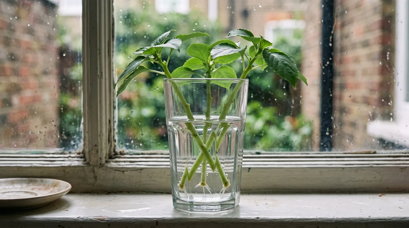 Impatiens cuttings rooting in a glass of water on a bright kitchen windowsill