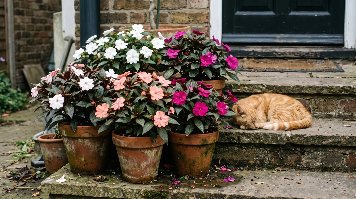 Pots of New Guinea impatiens on shady patio steps with a ginger cat dozing beside them
