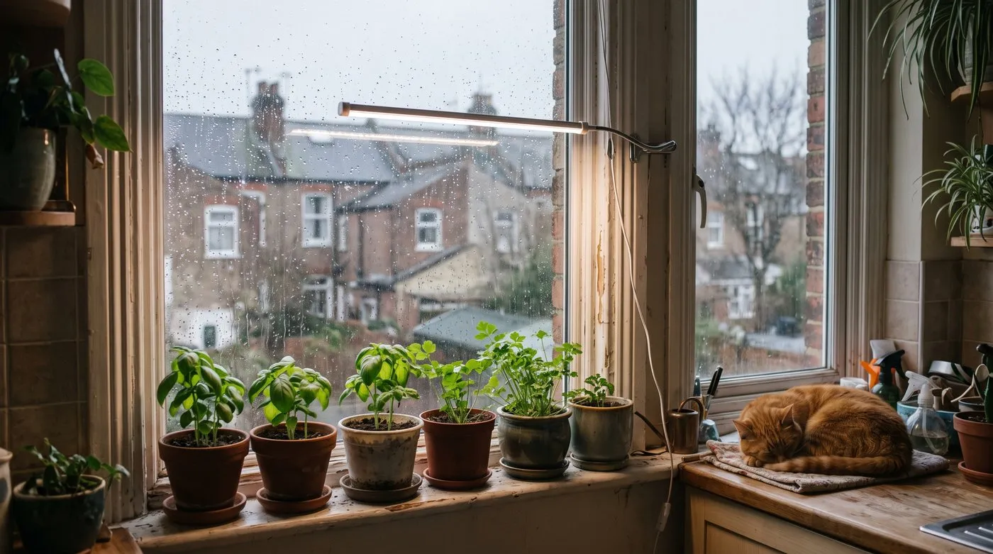 Small LED grow light above pots of basil and parsley on a winter windowsill with a cat asleep nearby