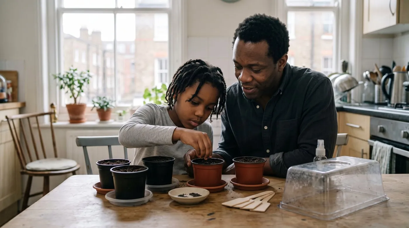 Parent and child scattering herb seeds over small pots of seed compost on a kitchen table