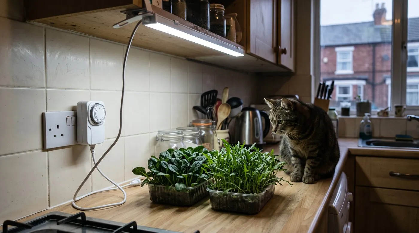 LED grow light bar over trays of salad leaves on a kitchen worktop with a cat sitting nearby