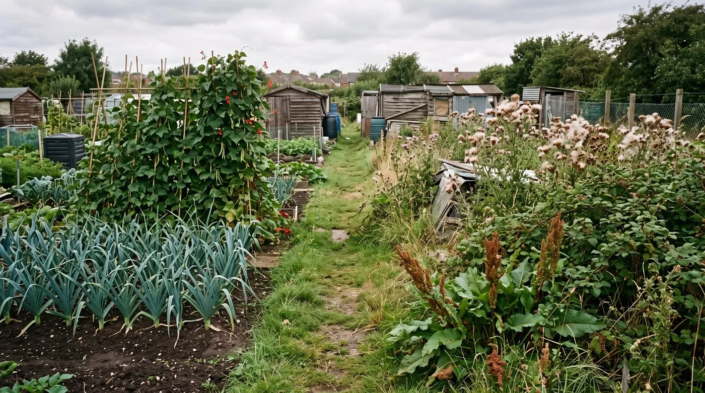 Tidy allotment plot of leeks and beans beside an abandoned plot overgrown with seeding thistles and brambles