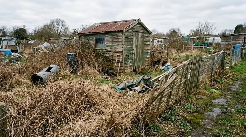 Vacant overgrown UK allotment plot with previous tenant's shed and broken fence in early spring before clearing