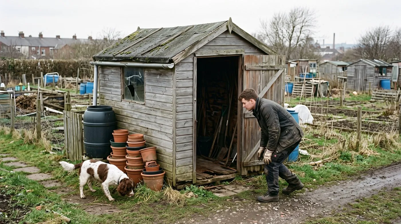 New allotment holder checking the floor and door of an old shed left on a vacant plot