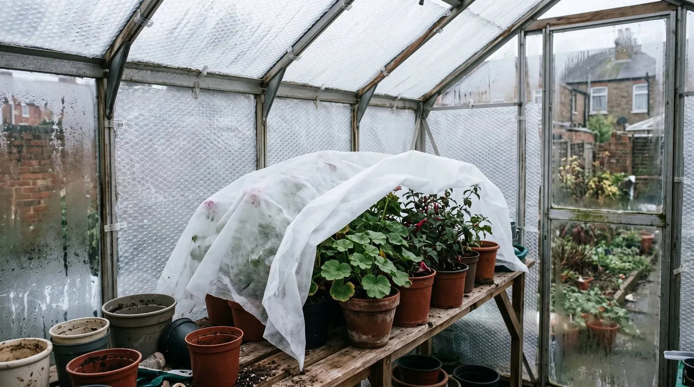 Fleece draped over tender pot plants inside a bubble-wrapped greenhouse in winter