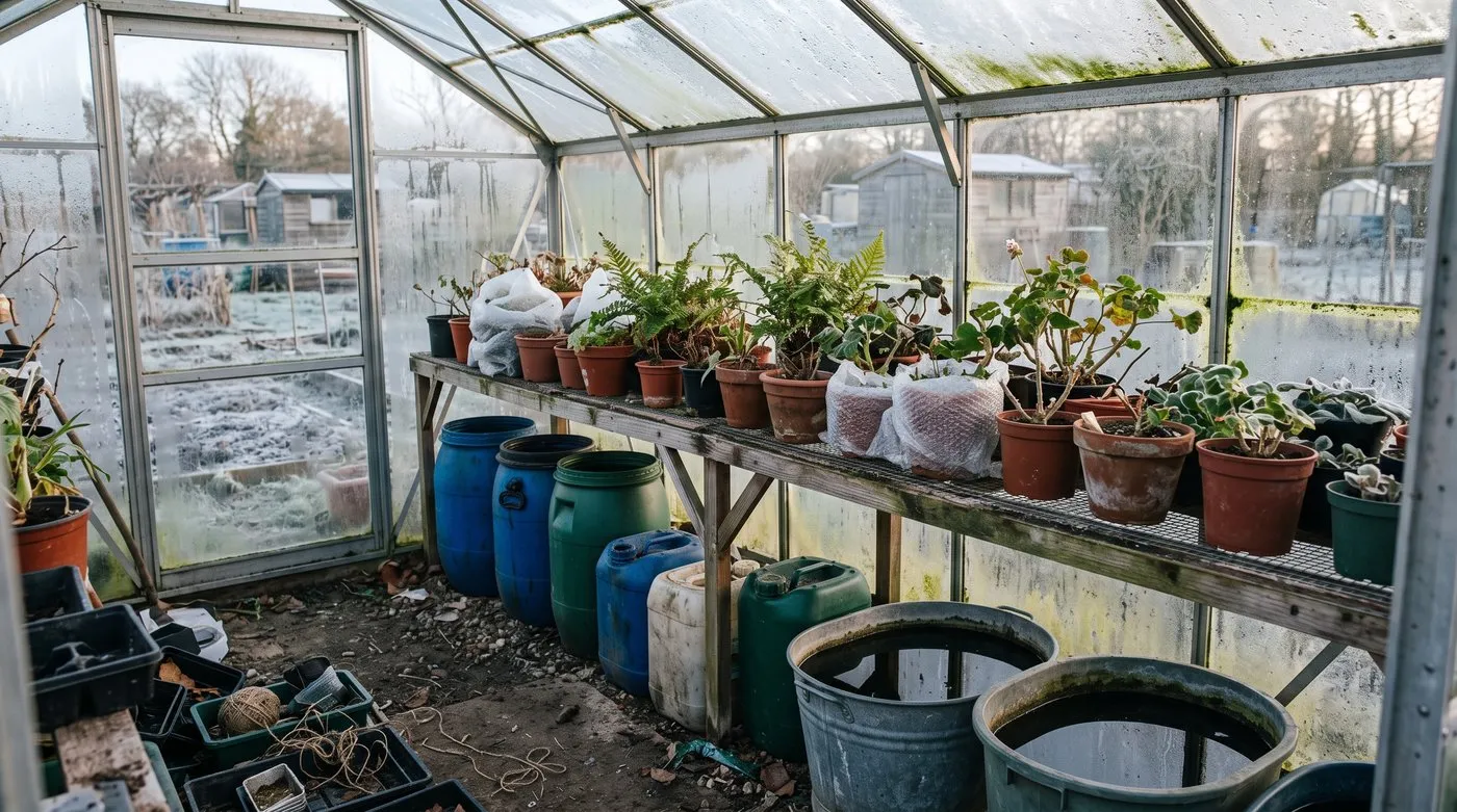 Water containers under greenhouse staging soaking up daytime warmth, with pots grouped above