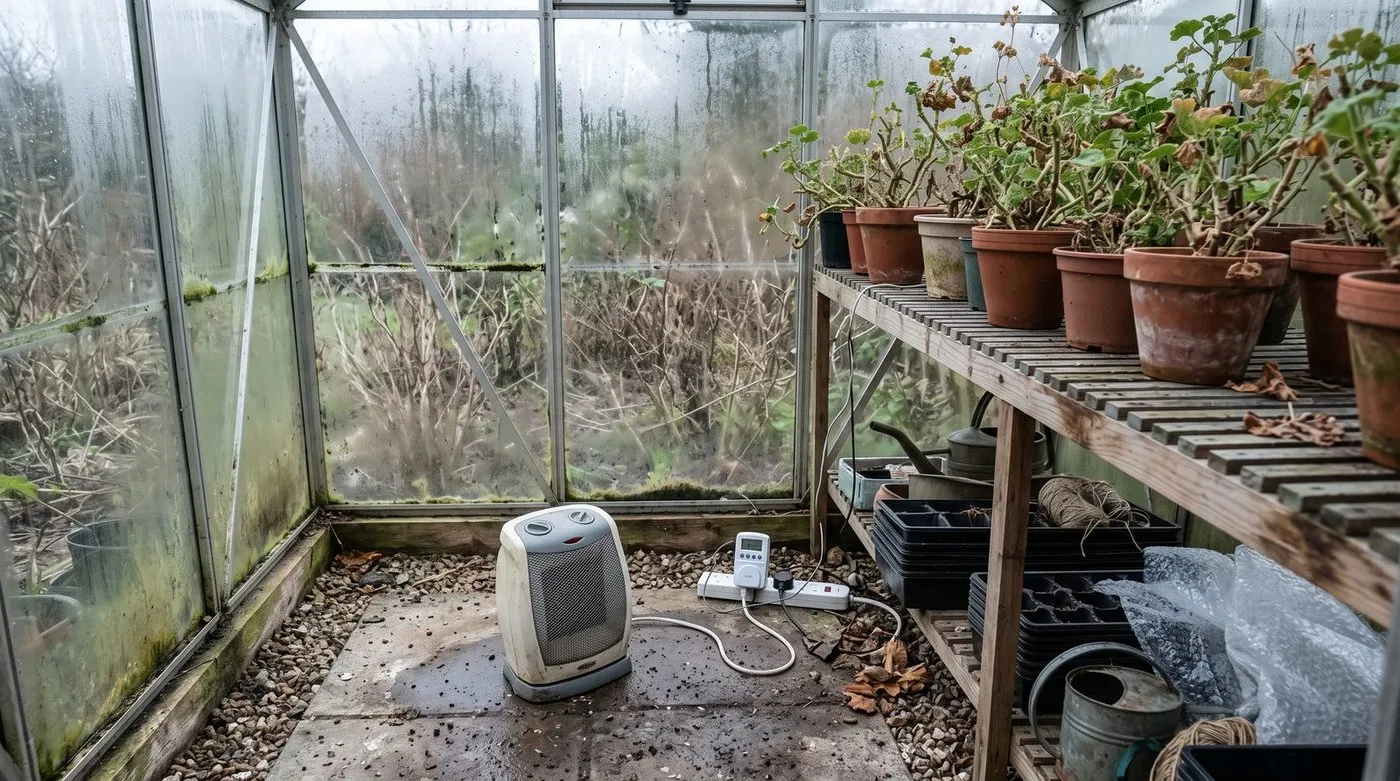 An electric fan heater with a thermostat keeping a greenhouse frost-free