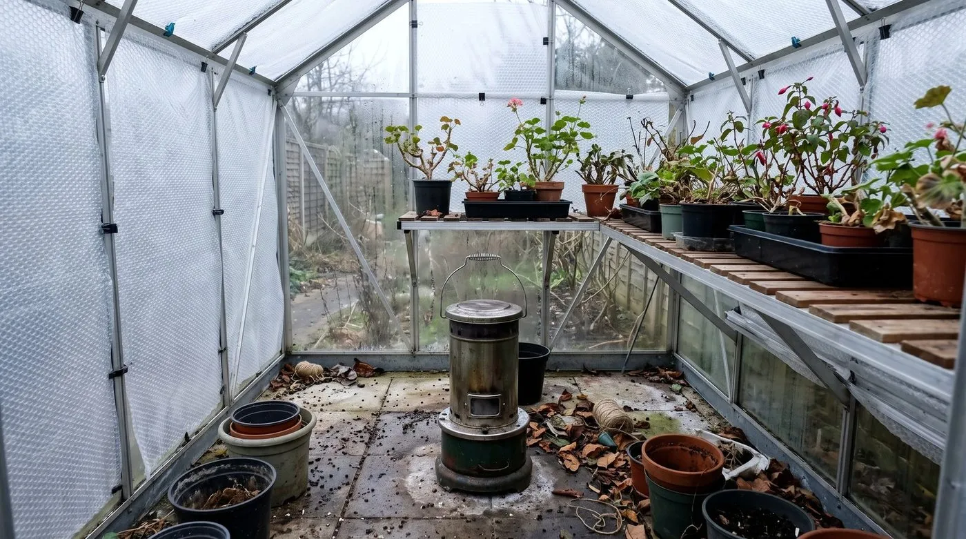 A paraffin heater inside a greenhouse in winter
