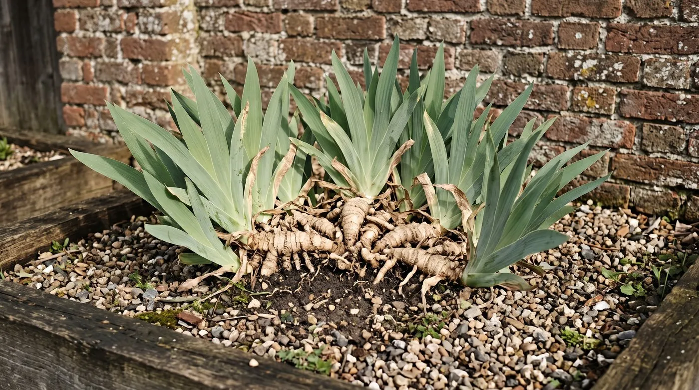 Bearded iris rhizomes sitting on the soil with their tops exposed to the sun in a gravel bed
