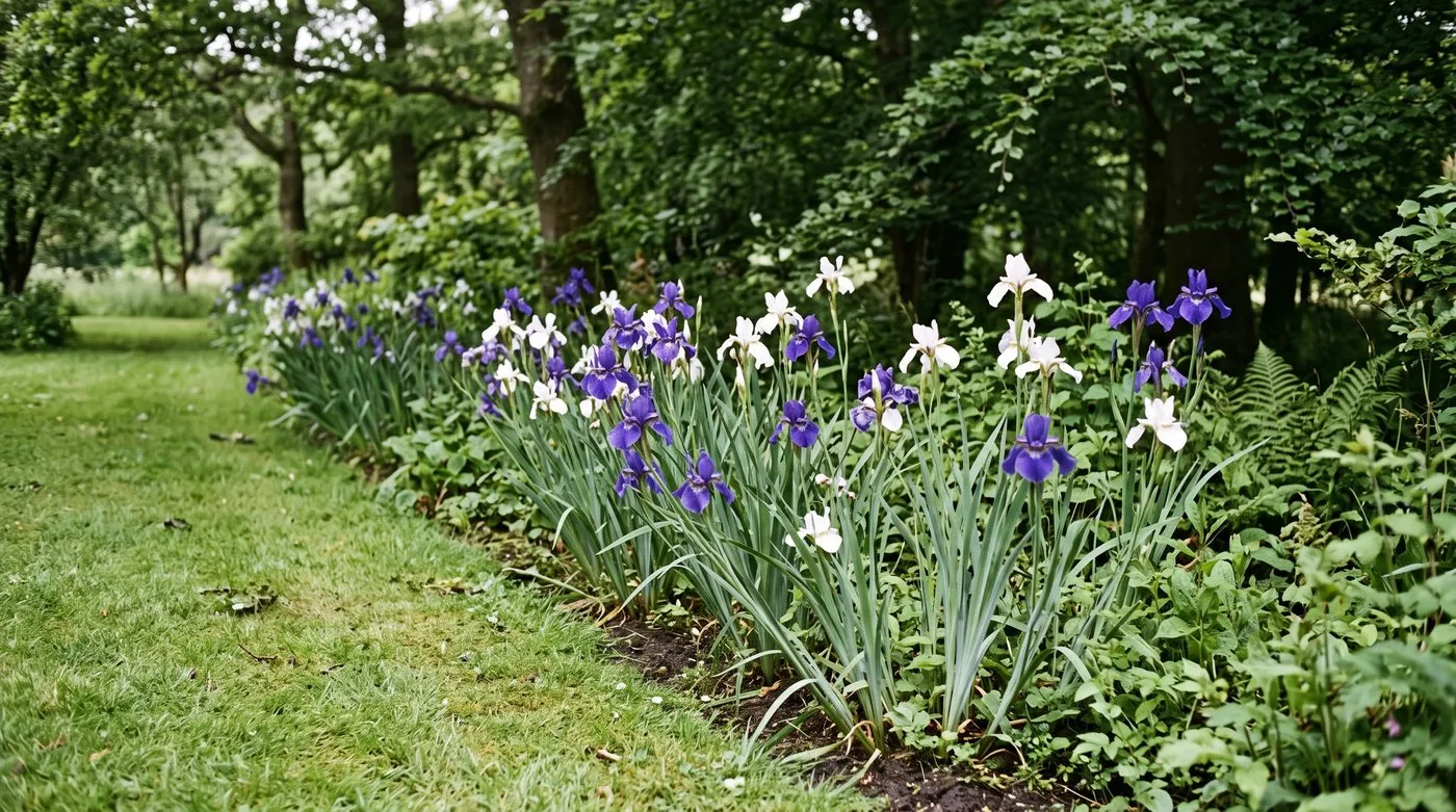 Drift of violet-blue and white English iris flowering at the edge of a moist border in June