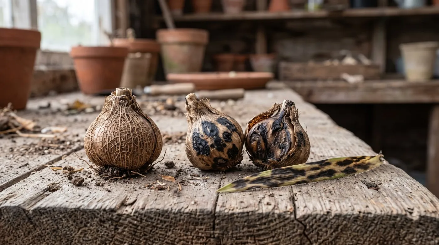 Healthy iris bulb beside bulbs with black ink spot blotches on a potting bench