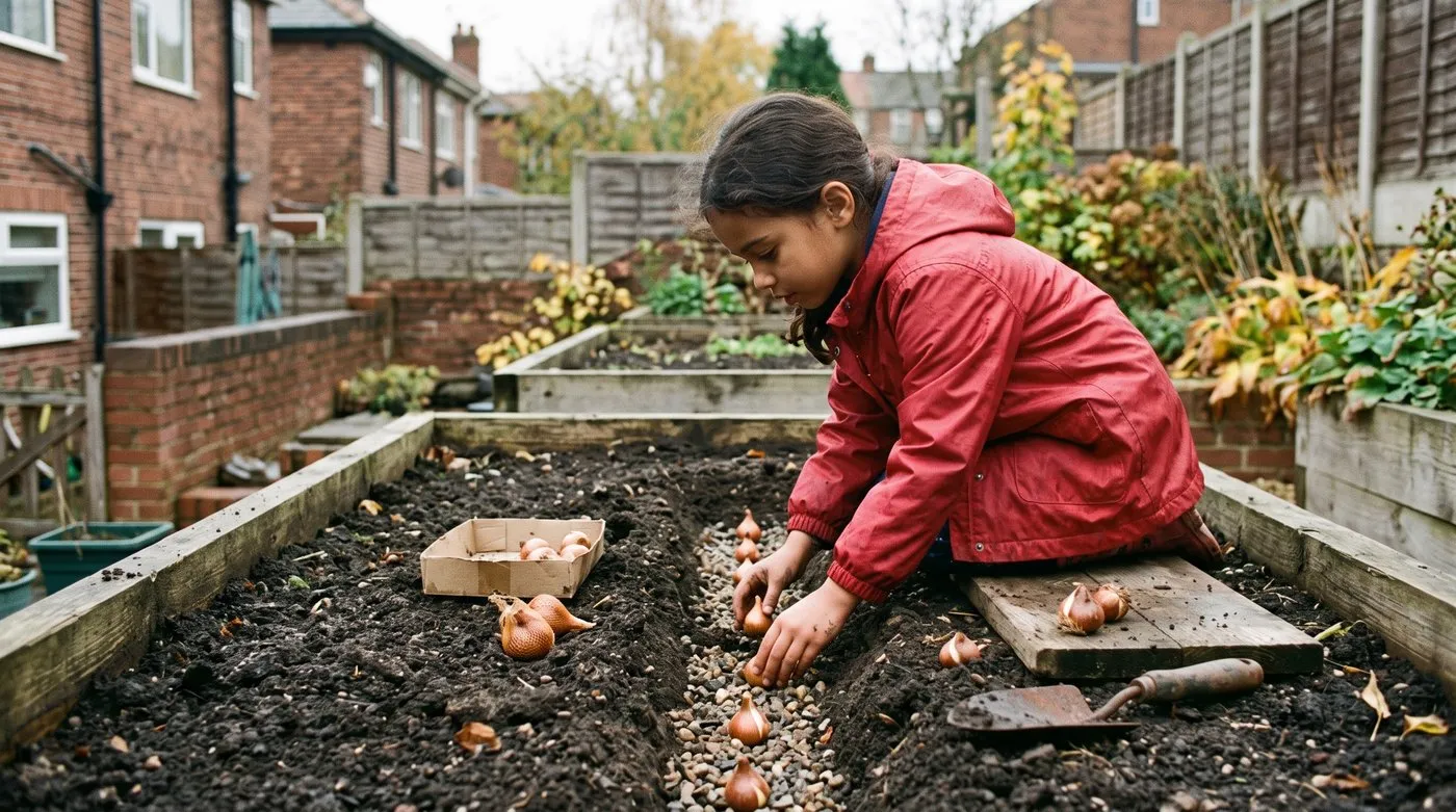 Girl placing iris bulbs pointed end up in a grit-lined trench in an autumn raised bed