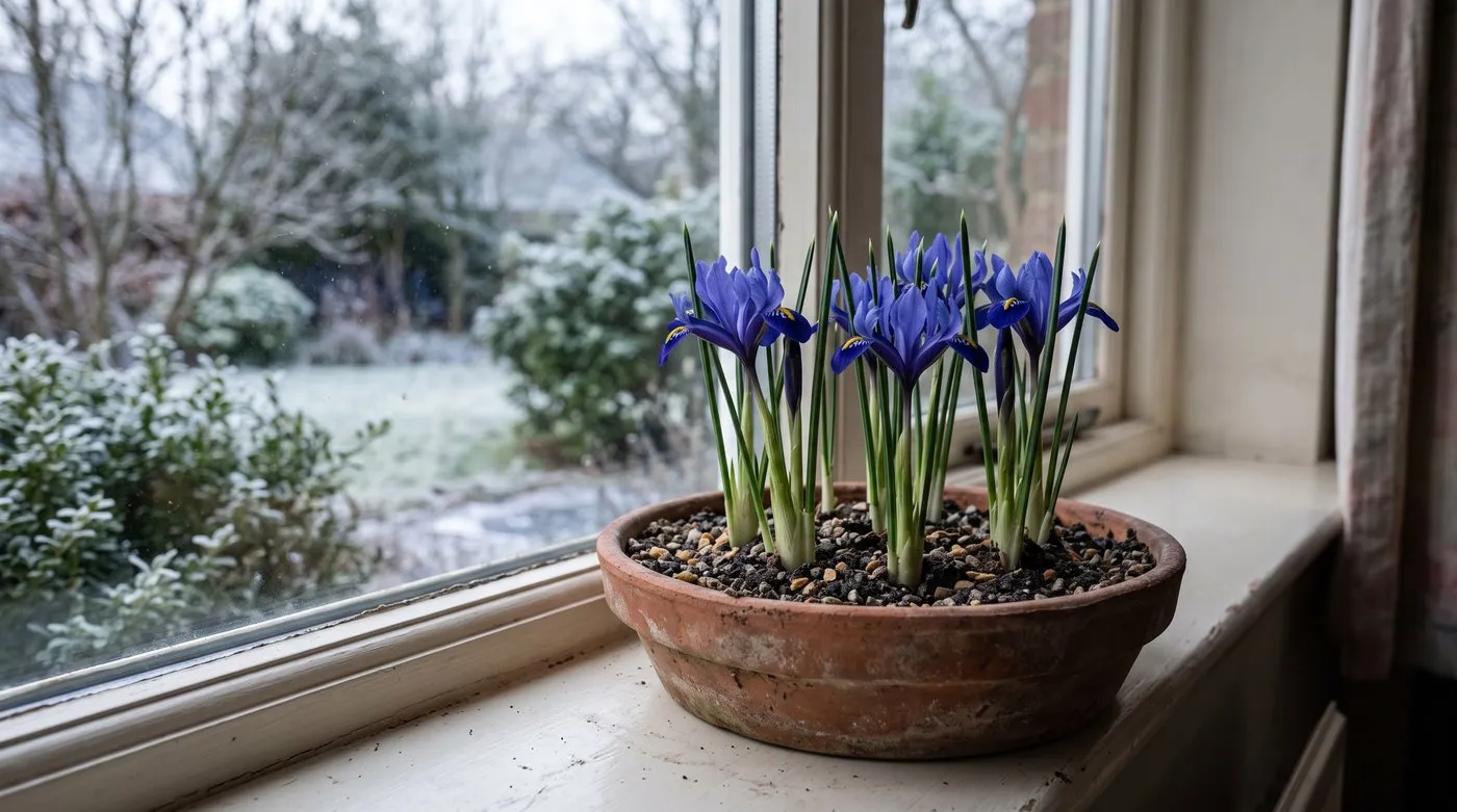 Forced Iris reticulata flowering in a shallow bulb pan on a cool, bright windowsill in winter