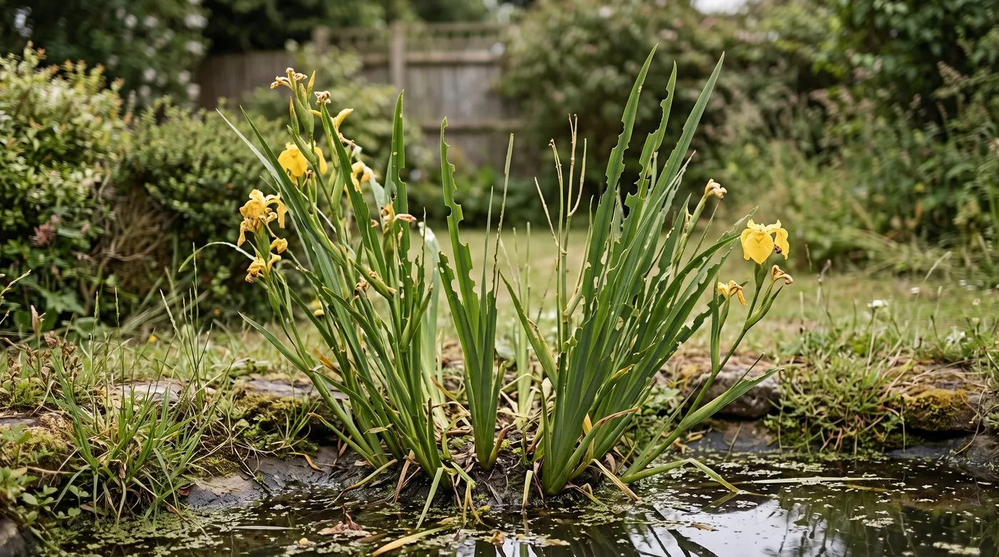 Yellow flag iris leaves with ragged edges eaten away by iris sawfly beside a pond