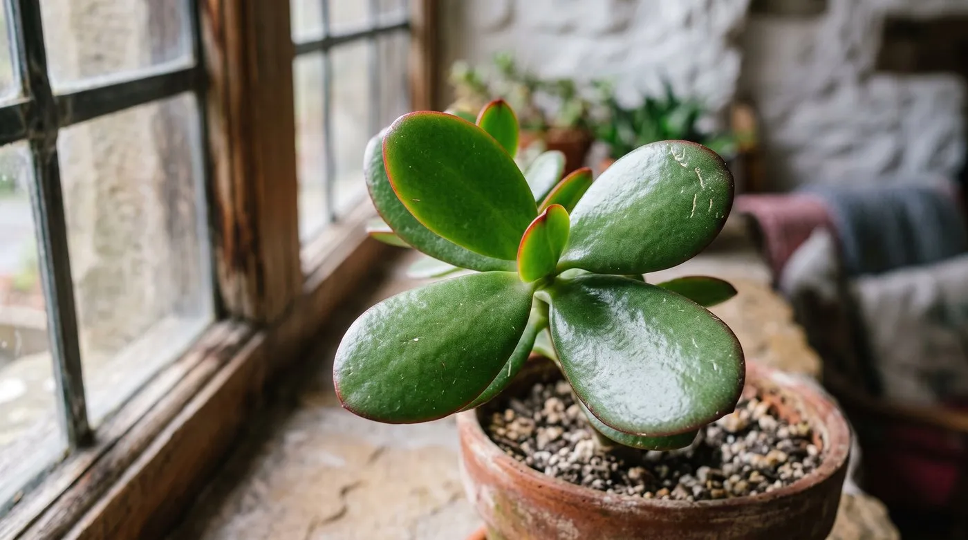 Close-up of glossy oval Crassula ovata jade plant leaves with red-tinged edges