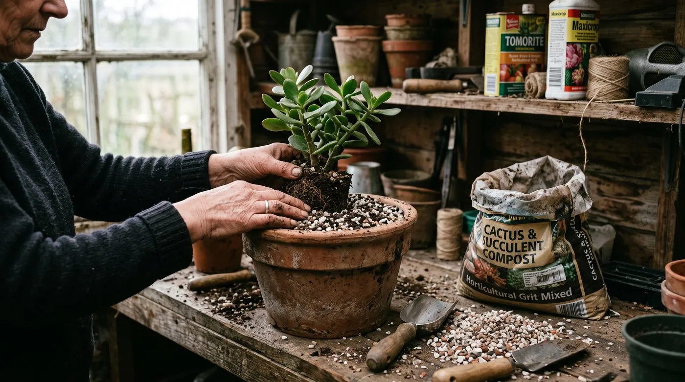 Repotting a jade plant into gritty cactus compost and a terracotta pot on a potting bench