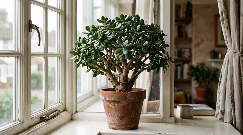 Mature jade plant Crassula ovata with a thick trunk and glossy leaves on a bright UK windowsill
