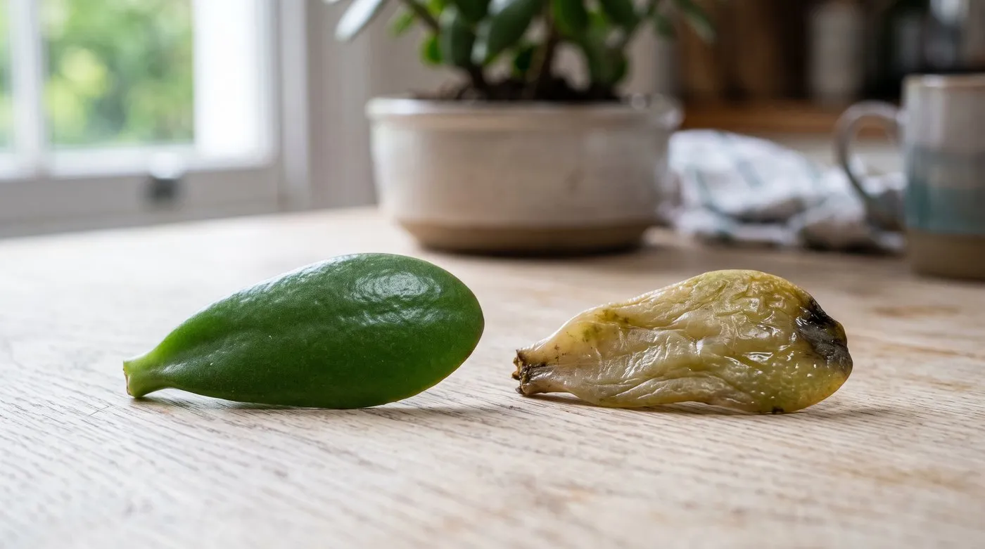 Comparison of a healthy firm jade plant leaf beside a soft yellow translucent overwatered leaf