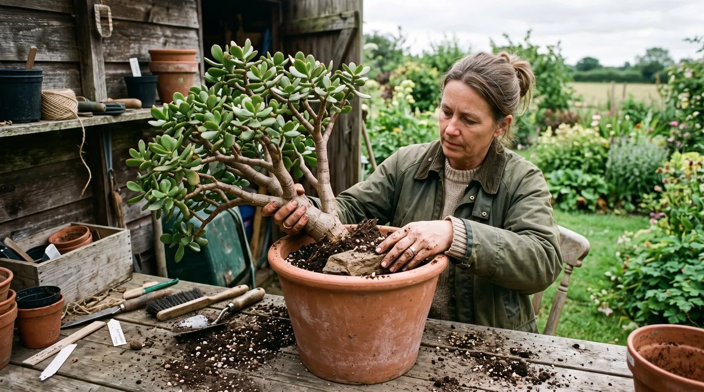 Gardener steadying a top-heavy mature jade plant while repotting into a heavy terracotta pot
