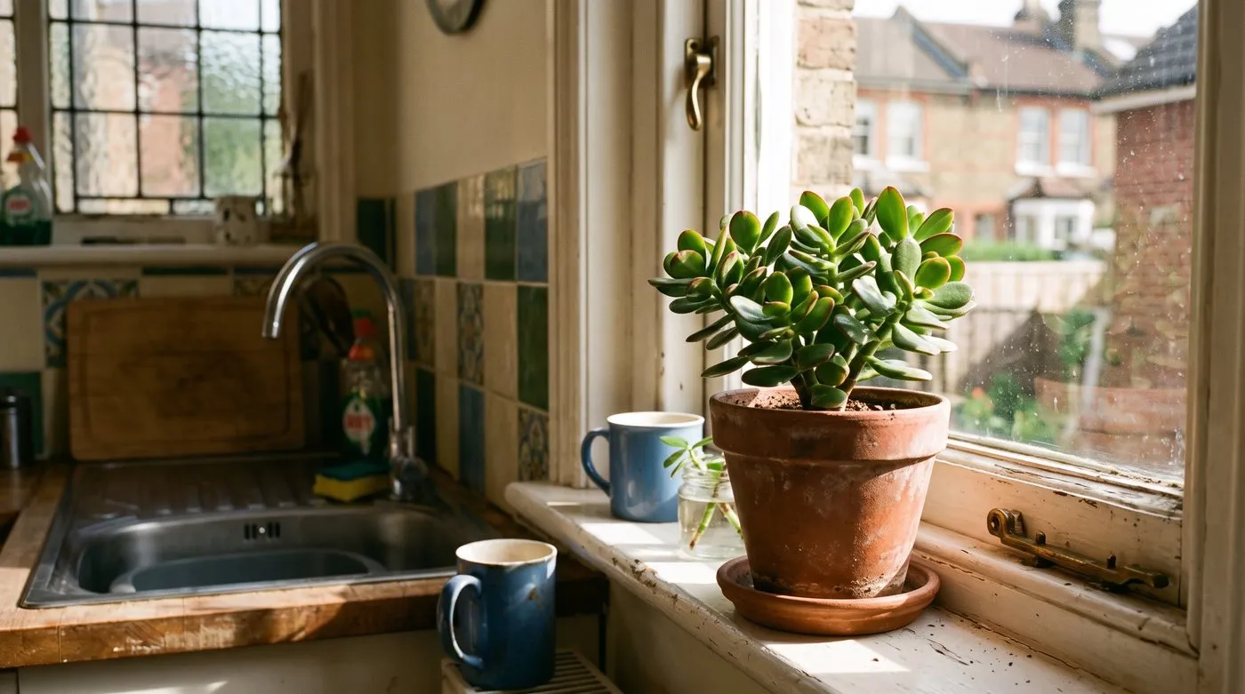Jade plant on a sunny south-facing windowsill in a Victorian terrace kitchen